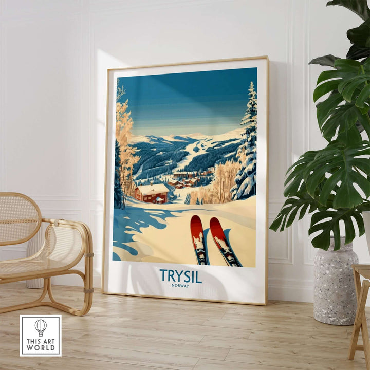 Trysil Ski Poster showcasing snow-covered mountains and scenic landscapes in Norway, perfect for skiing enthusiasts.