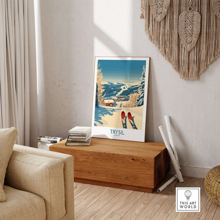 Trysil ski poster displayed in a cozy living room, showcasing snow-covered mountains and vibrant ski slopes.