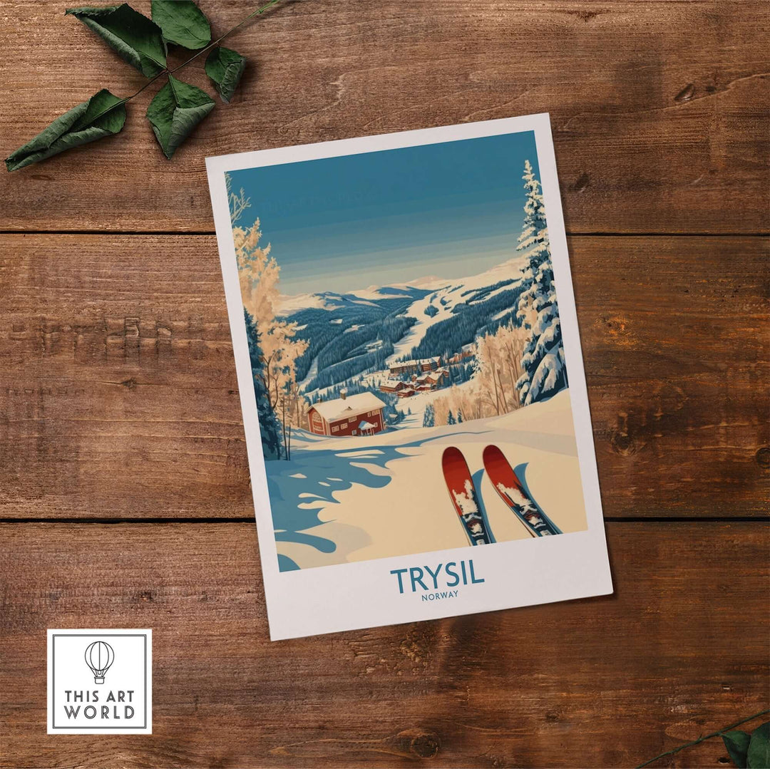 Trysil Ski poster featuring snow-covered mountains and ski slopes in Norway, enhancing home decor with winter adventure vibes.