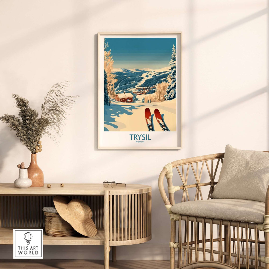 Trysil ski poster showcasing snowy mountains and slopes, adding winter charm to a cozy interior decor.