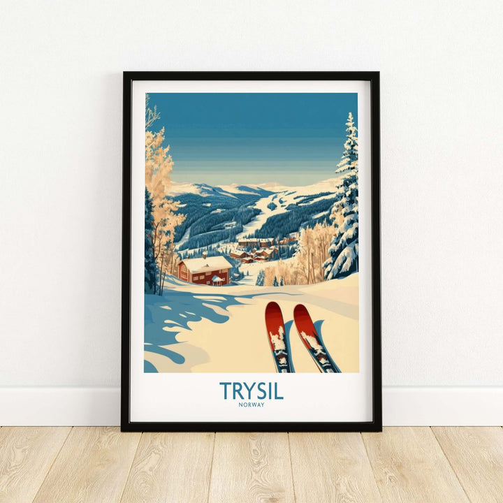 Trysil ski poster showcasing snow-covered mountains and scenic views in Norway, perfect for ski enthusiasts and home decor.