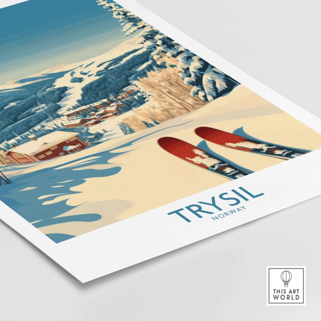 Trysil ski poster depicting snow-covered mountains and red skis in picturesque Norway landscape. Perfect for ski enthusiasts.