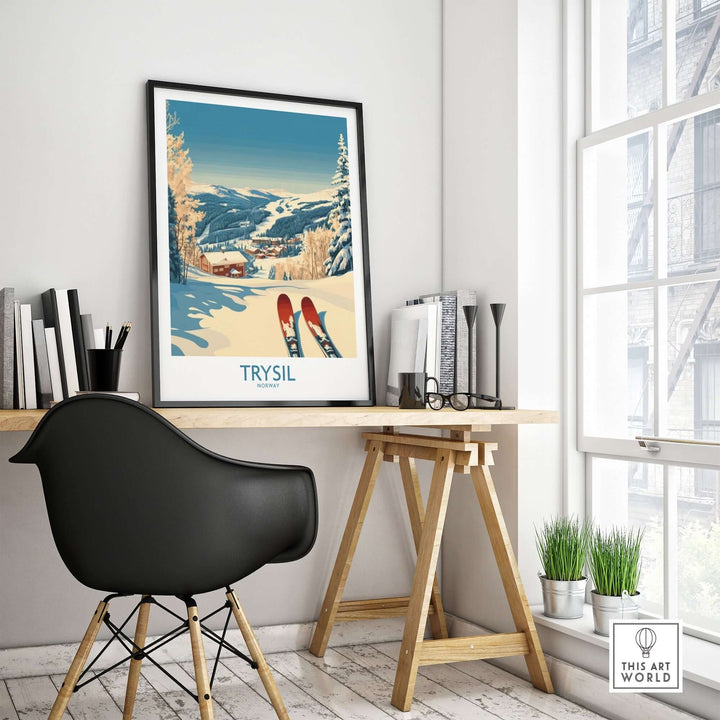 Trysil ski poster displayed in a modern workspace, capturing the beauty of Norway's winter landscape.