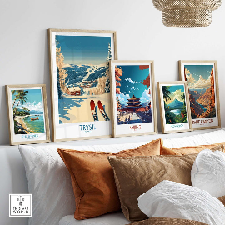 Stylish wall decor featuring Trysil ski poster among travel posters of Philippines, Beijing, Costa Rica, and Grand Canyon.