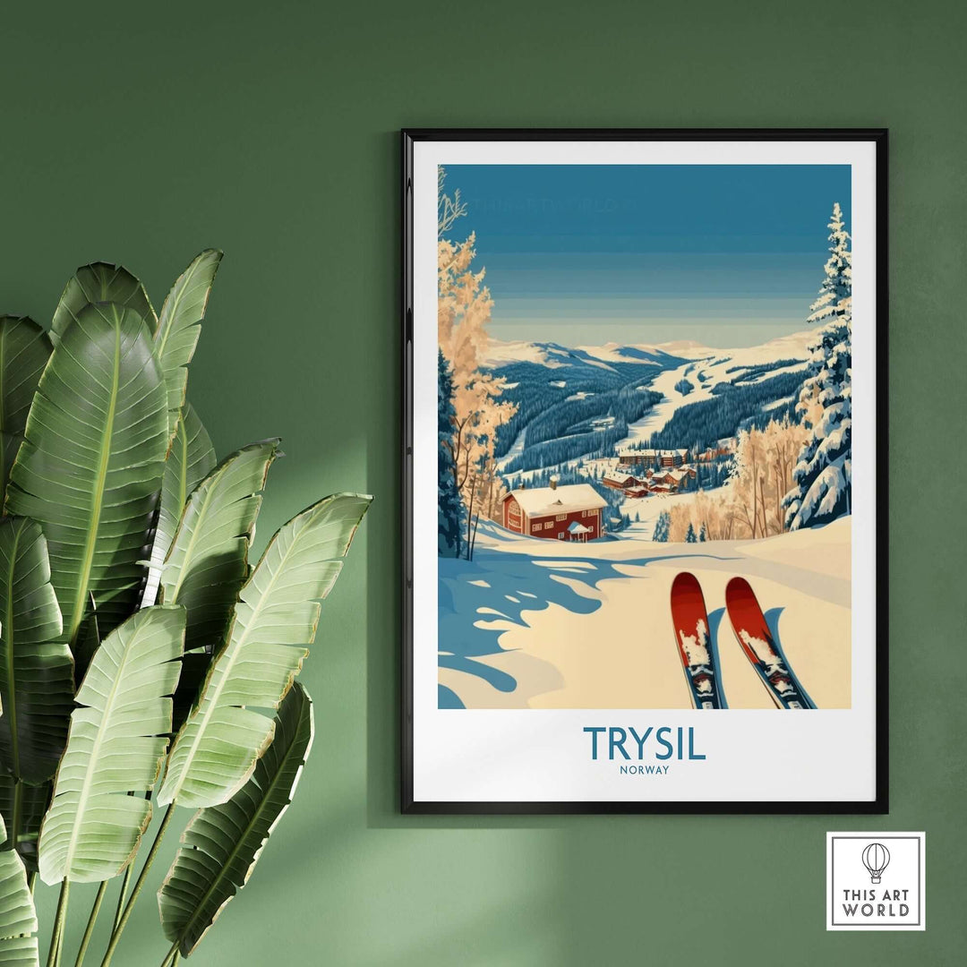 Trysil Ski Poster showcasing snowy mountains and ski slopes in Norway, perfect for home decor.