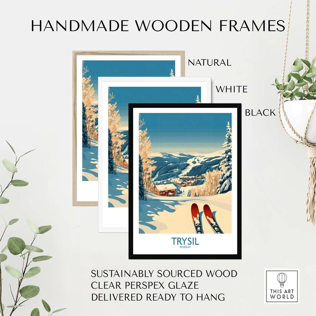 Handmade wooden frames in natural, white, and black for Trysil ski poster, showcasing sustainable materials and ready-to-hang design.