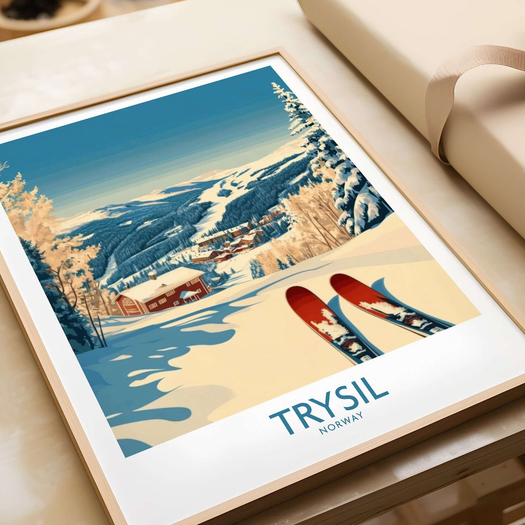 Trysil ski poster featuring snow-covered mountains and vibrant landscapes of Norway, perfect for winter sports enthusiasts.