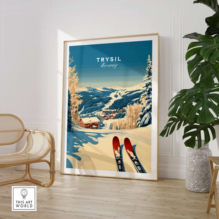 Trysil Ski Print showcasing a winter landscape in Norway with skis and snowy mountains, perfect for ski enthusiasts.