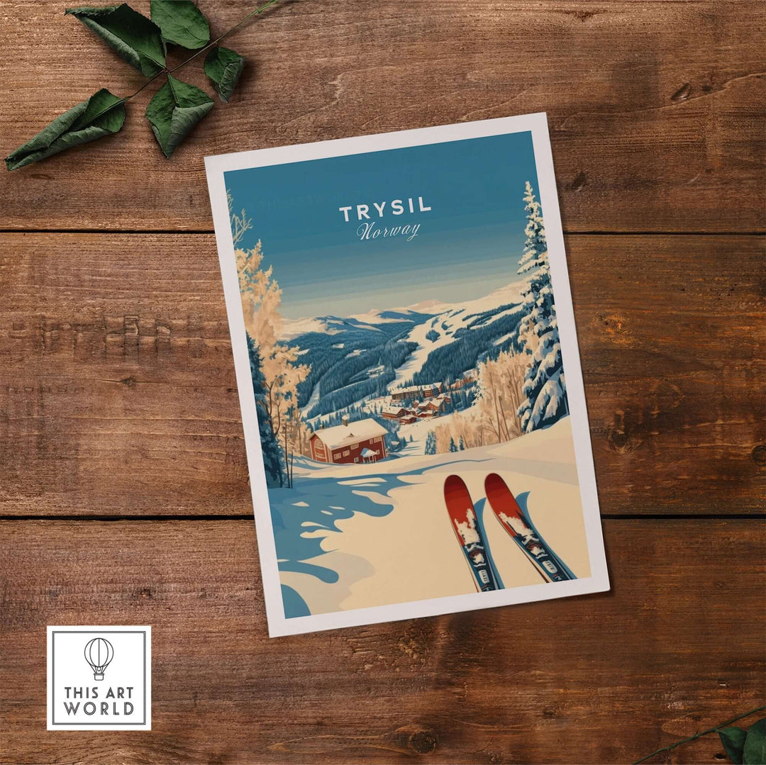 Trysil Ski Print showcasing Norwegian mountains with skis in the foreground, perfect for winter sports enthusiasts.