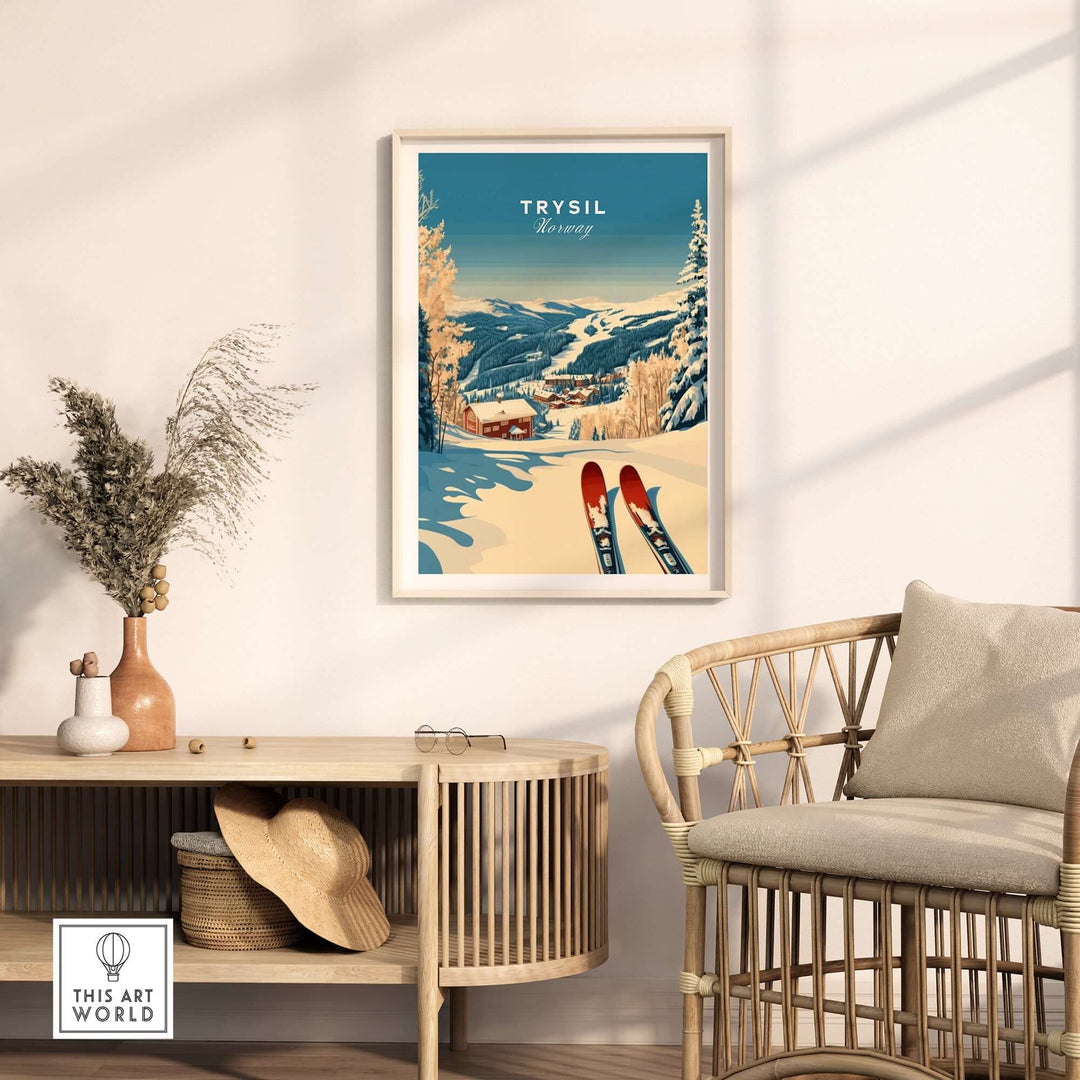 Trysil Ski Print Norway displayed in a cozy interior, showcasing winter sports beauty and ski adventure in the Norwegian mountains.