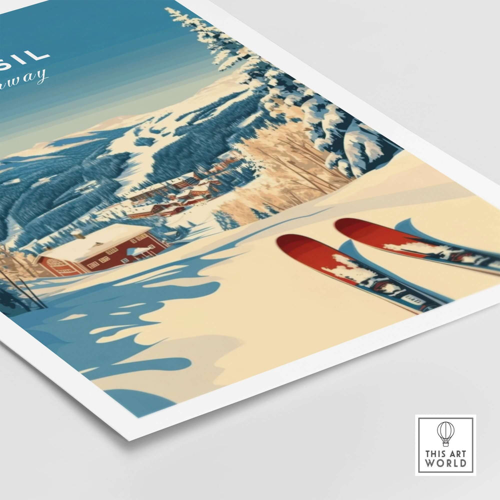 Trysil Ski Print showcasing Norwegian mountains and ski gear, perfect for winter sports enthusiasts and outdoor lovers.