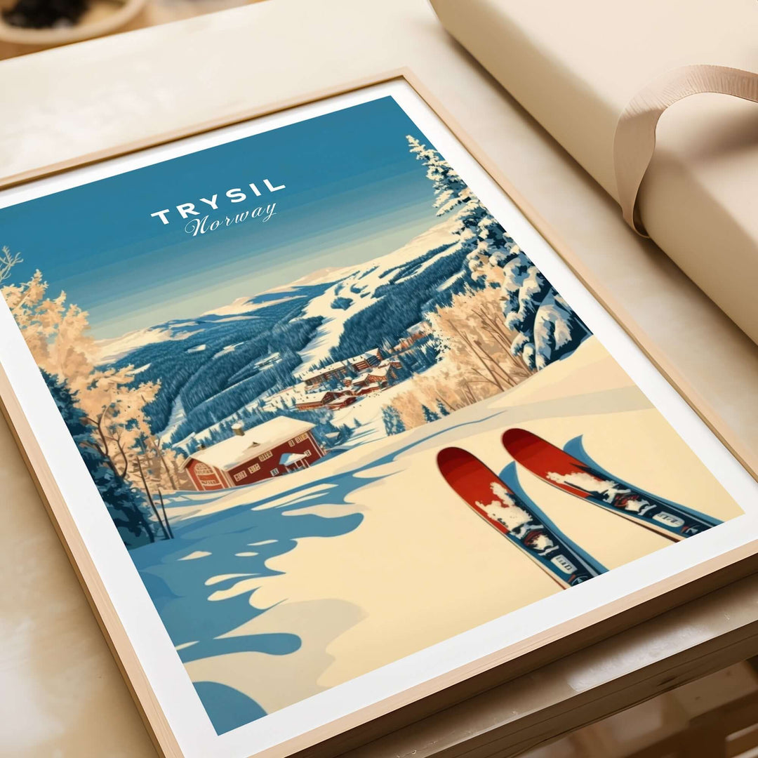 Trysil Ski Print showcasing Norwegian mountains with skis, perfect for winter sports and outdoor enthusiasts.