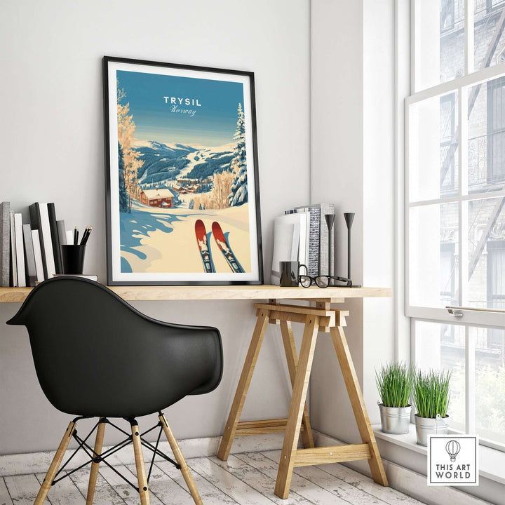 Trysil Ski Print Norway displayed in a modern workspace, showcasing winter sports and mountain scenery. Perfect for ski enthusiasts.