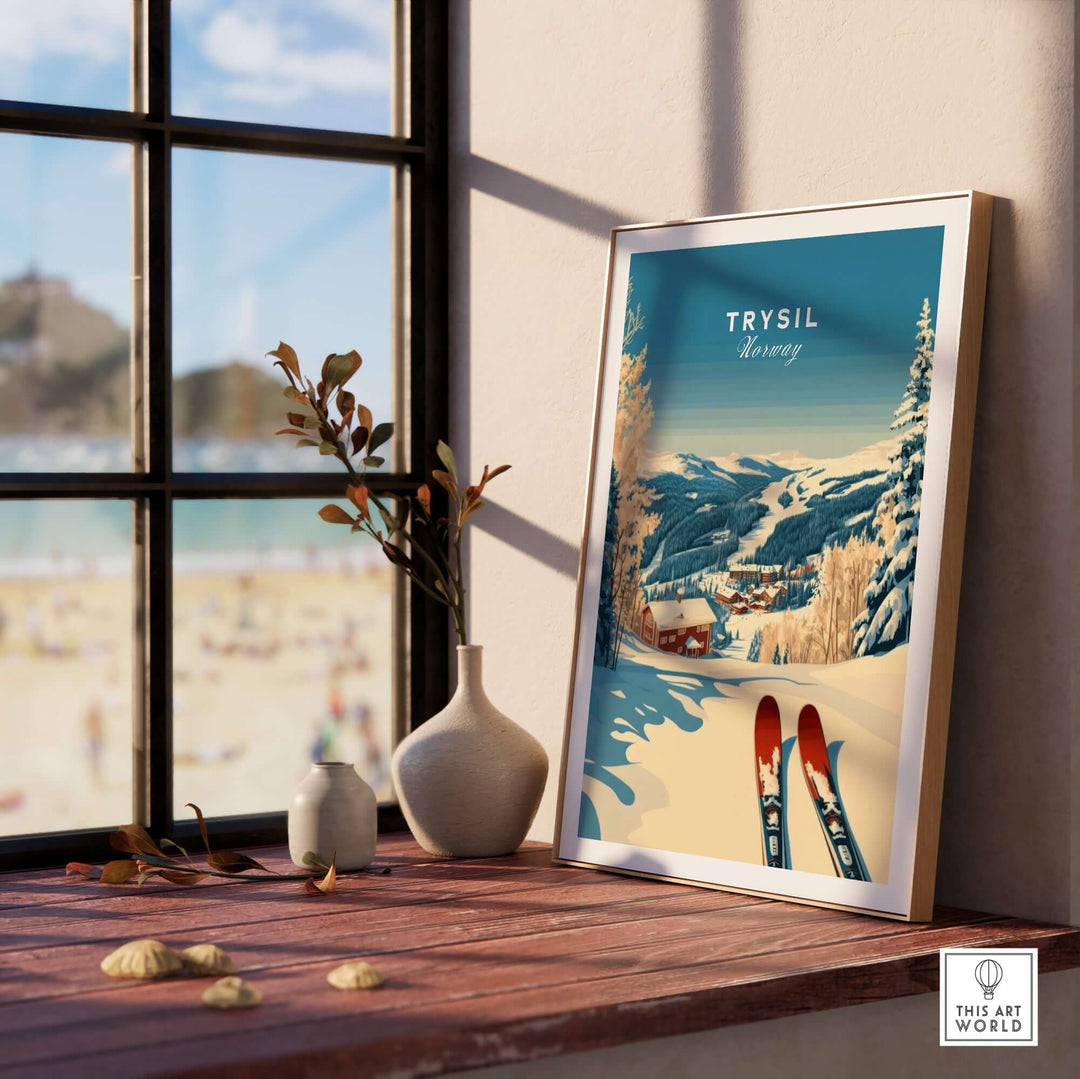 Trysil Ski Print showcasing Norwegian mountains, perfect for winter sports lovers, displayed in a cozy indoor setting.