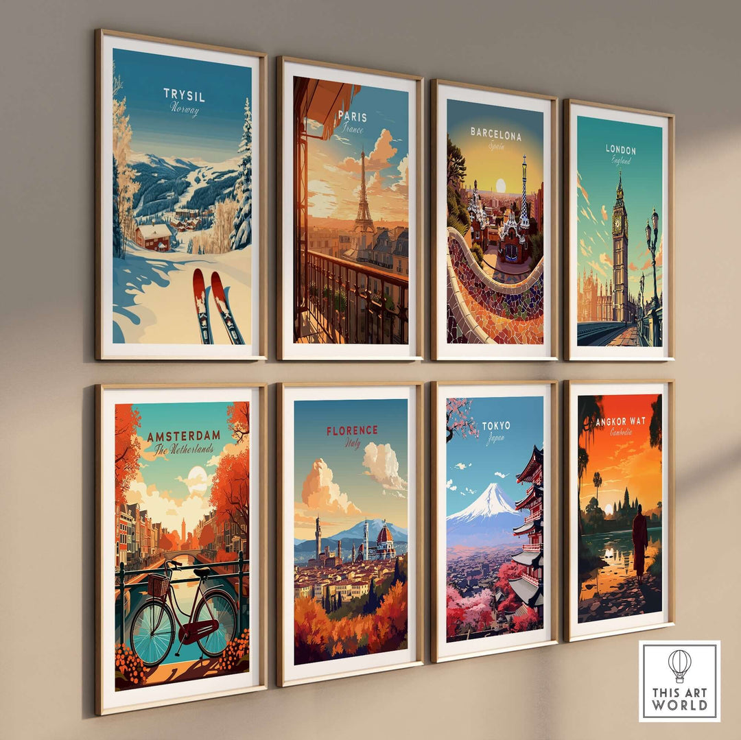 collage of travel prints featuring Trysil, Paris, Barcelona, London, Amsterdam, Florence, Tokyo, and Angkor Wat.