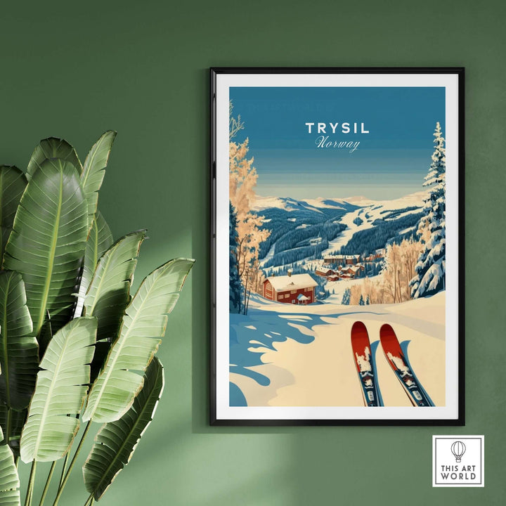 Trysil Ski Print showcasing winter sports in Norway, featuring skis and a scenic mountain landscape. Perfect for ski enthusiasts.