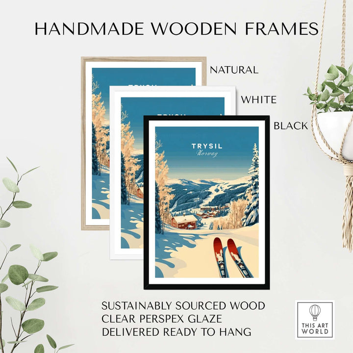 Handmade wooden frames in natural, white, and black for Trysil Ski Print Norway, featuring sustainably sourced wood.