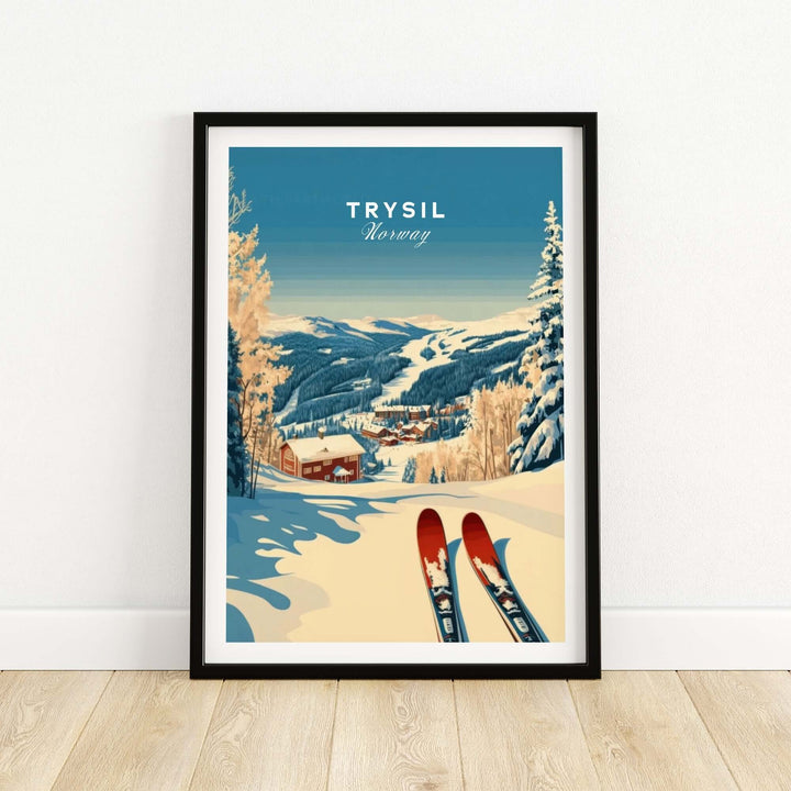 Trysil Ski Print showcasing a snowy mountain landscape in Norway with skis in the foreground. Perfect for winter sports enthusiasts.