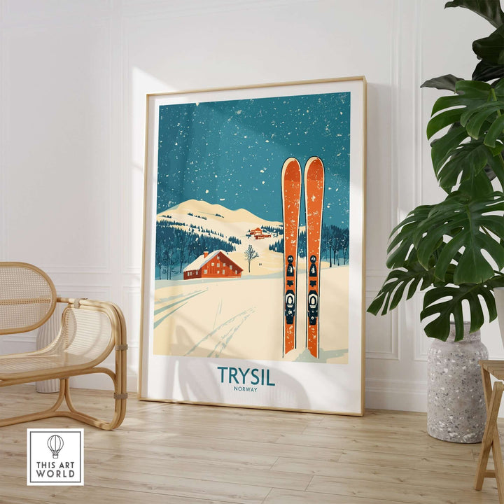 Trysil Ski Wall Art Poster showcasing Norway’s ski slopes and retro skis in a cozy interior setting.