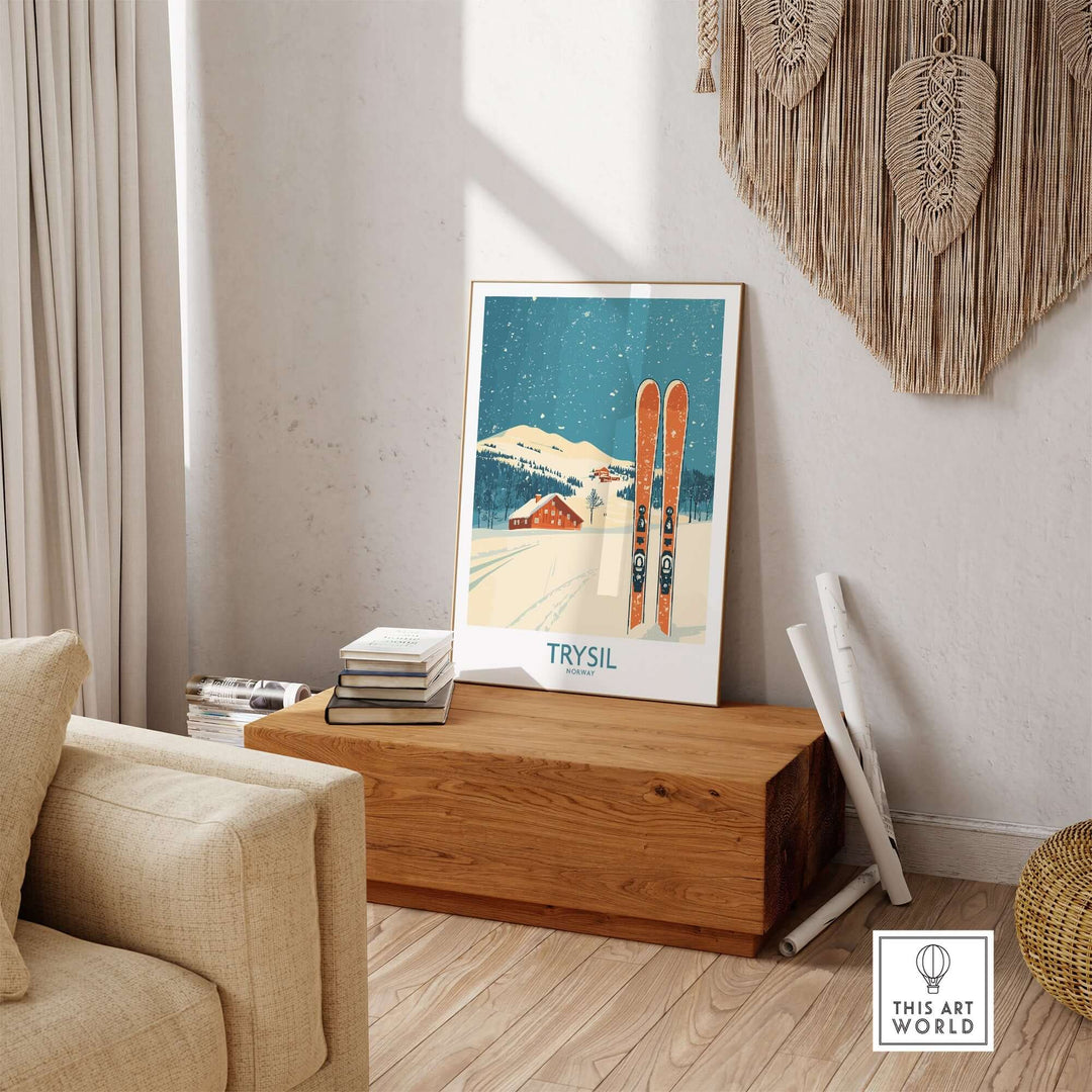 Trysil Ski Wall Art Poster displayed in a cozy living room, featuring skis and a serene winter landscape.