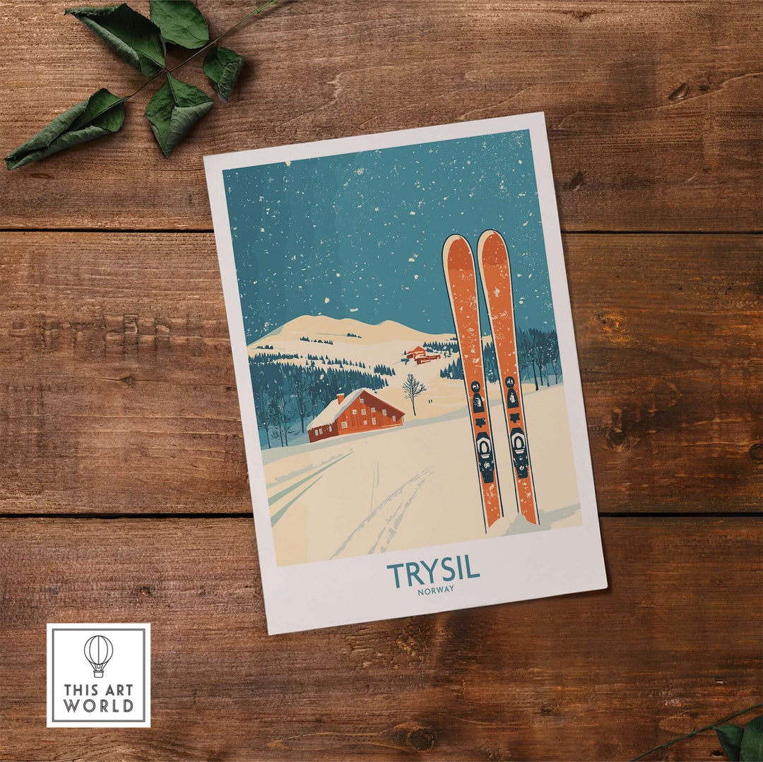 Trysil Ski Wall Art Poster showcasing skis in a snowy landscape with a charming cabin and mountain backdrop in Norway.