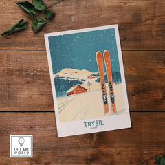 Trysil Ski Wall Art Poster showcasing skis in a snowy landscape with a charming cabin and mountain backdrop in Norway.