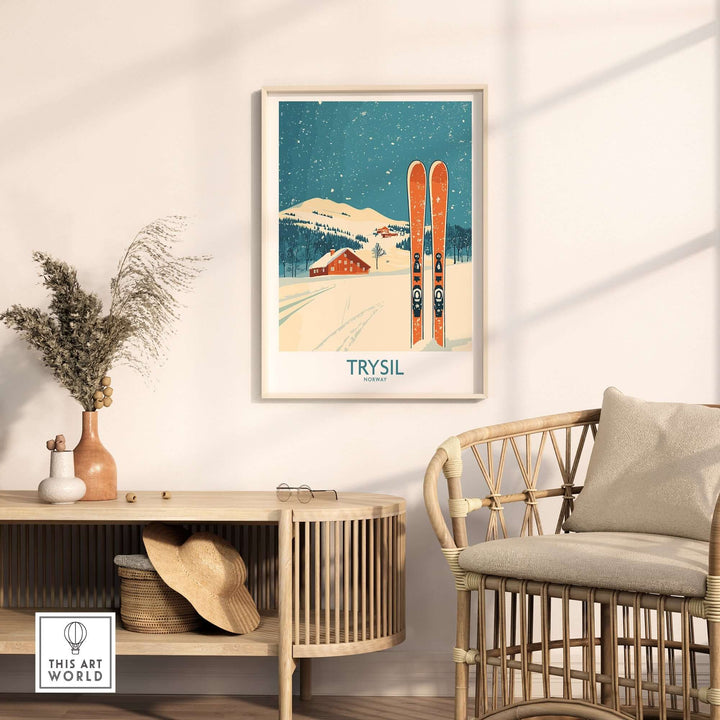 Trysil ski wall art poster featuring vibrant skis and a snowy landscape, adding a unique touch to home decor.