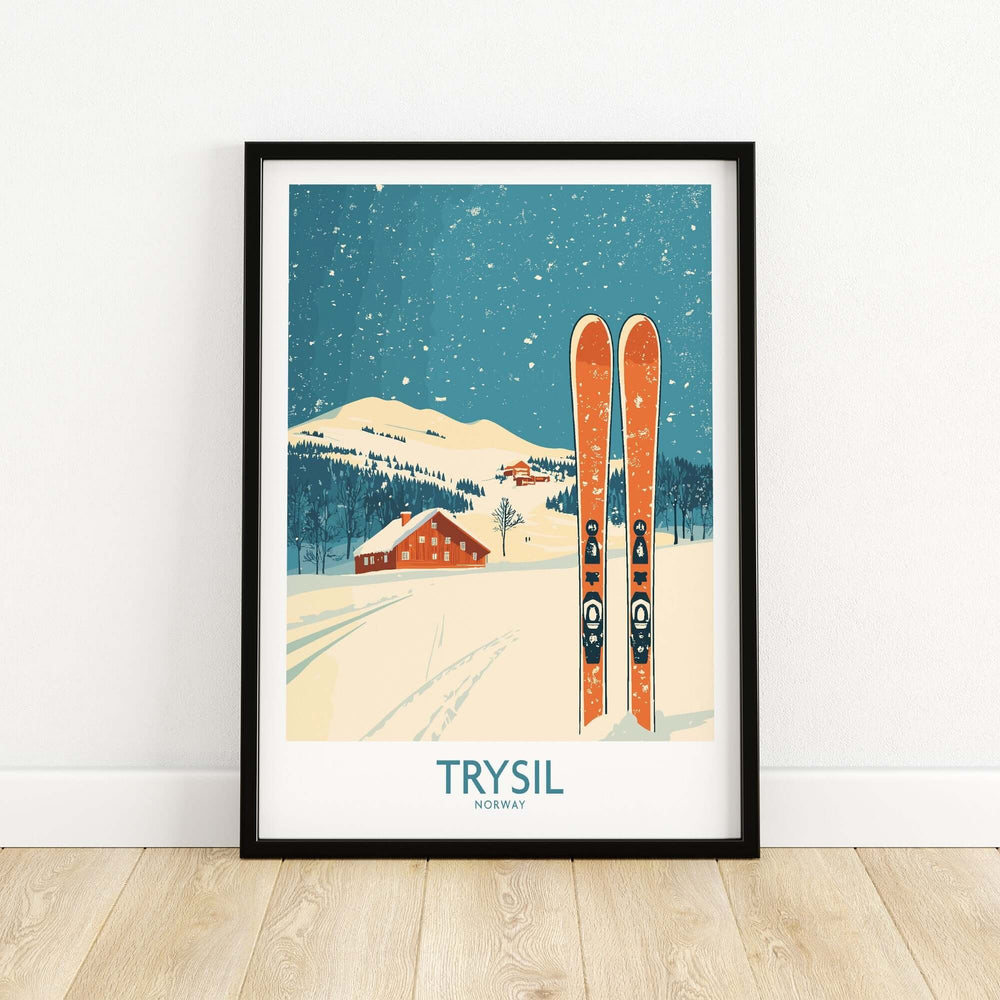 Trysil Ski Wall Art Poster featuring skis in snow-covered landscape, capturing the beauty of Norway's Trysil resort.