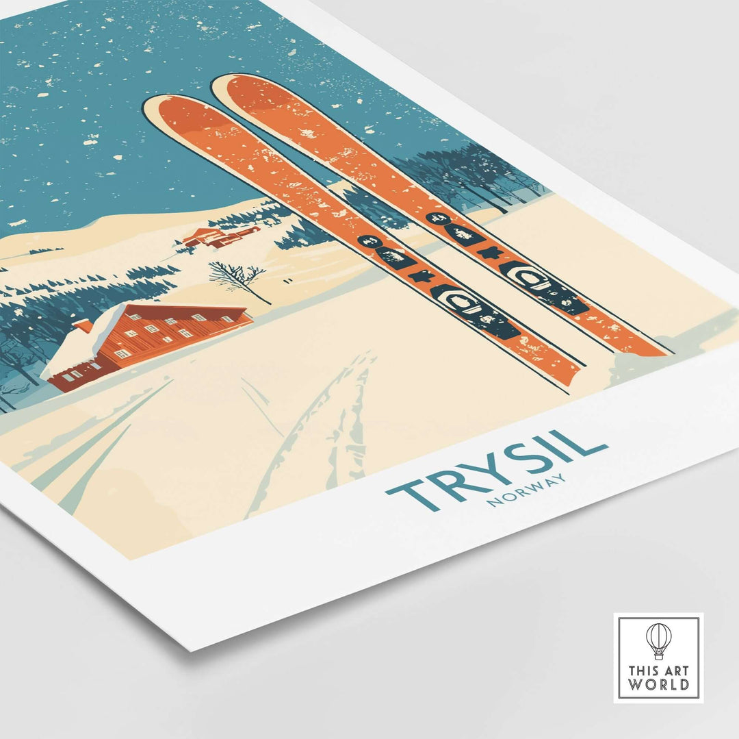 Trysil ski wall art poster featuring vibrant orange skis against a snowy Norwegian landscape, perfect for skiing enthusiasts.