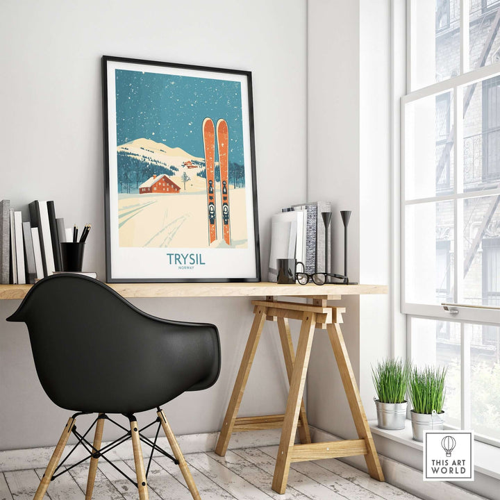 Trysil Ski Wall Art Poster displayed in a modern workspace with a black chair and natural light. Perfect for ski enthusiasts.