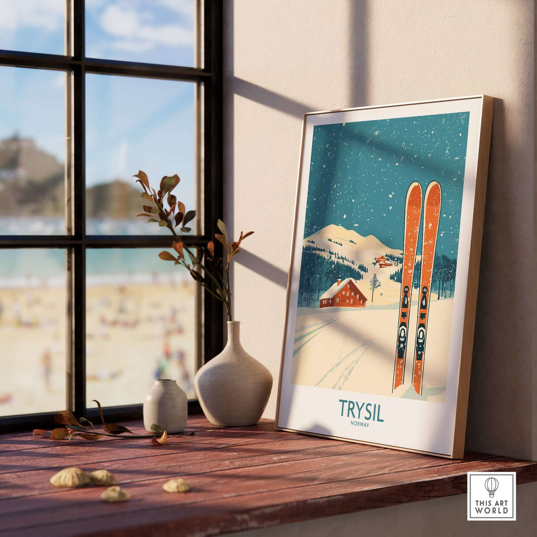 Trysil Ski Wall Art Poster showcasing Norway's ski resort with vintage skis, perfect for elevating home decor.