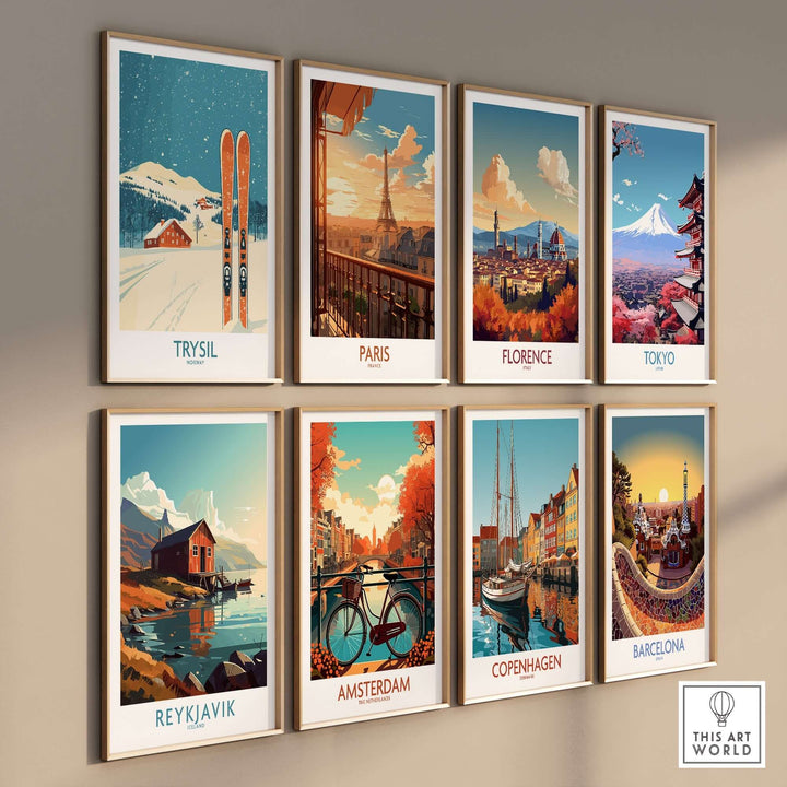 A collection of vintage travel posters featuring Trysil, Paris, Florence, Tokyo, Reykjavik, Amsterdam, Copenhagen, and Barcelona.