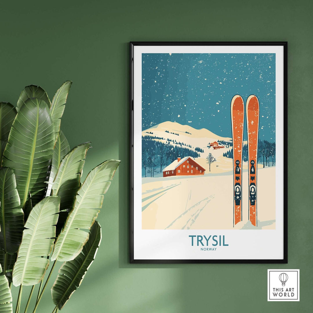 Trysil Ski Wall Art Poster featuring orange skis against a snowy landscape in Norway, perfect for ski lovers' decor.