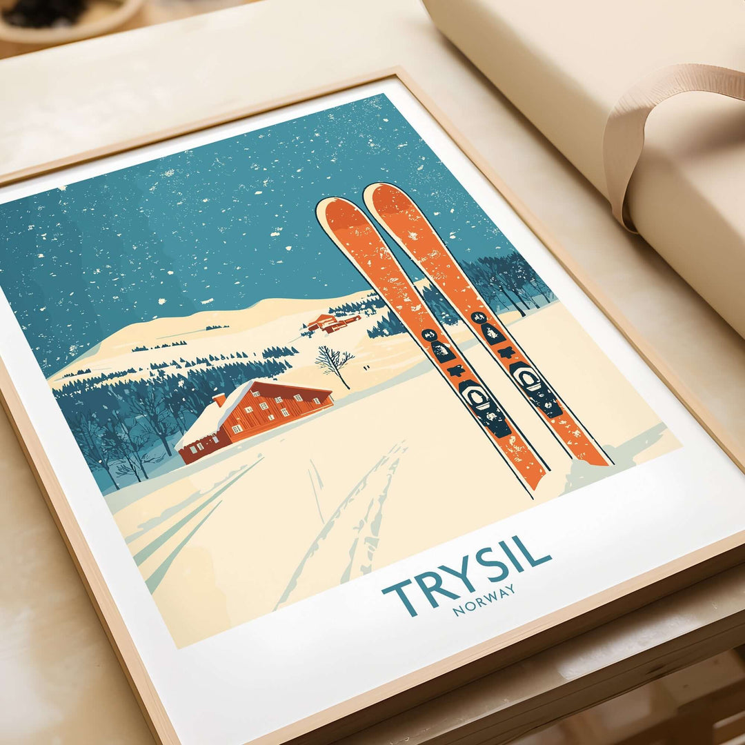 Trysil Ski Wall Art Poster showcasing a snowy landscape with skis, a cabin, and mountains, perfect for ski enthusiasts.