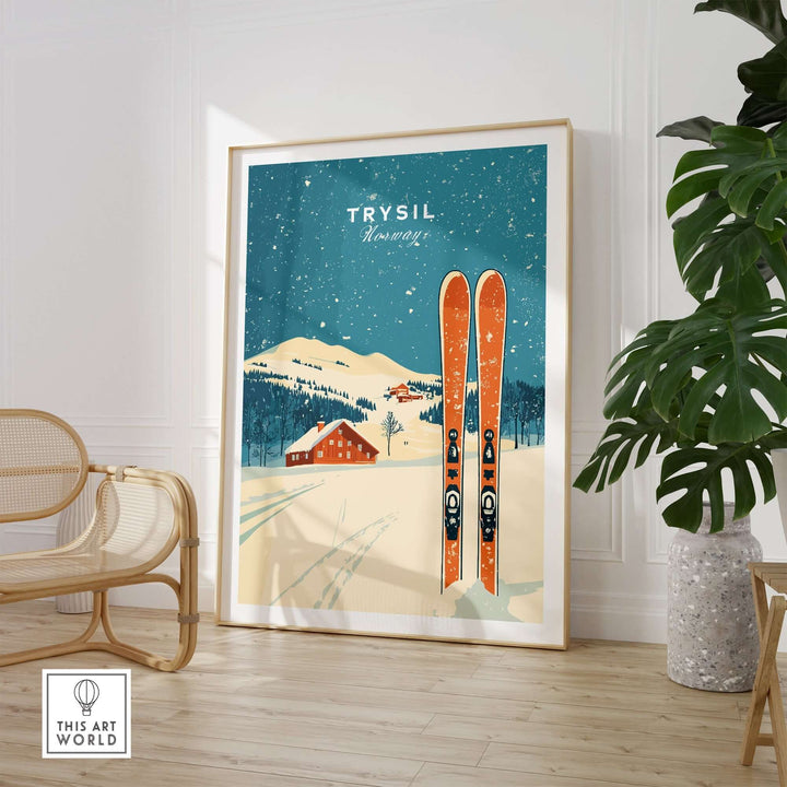 Trysil Ski Wall Art Print featuring orange skis against a snowy Norwegian landscape, perfect for ski enthusiasts' decor.