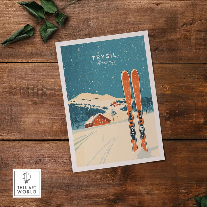 Trysil ski wall art print featuring snowy mountains and vintage skis, perfect for ski enthusiasts and home decor.