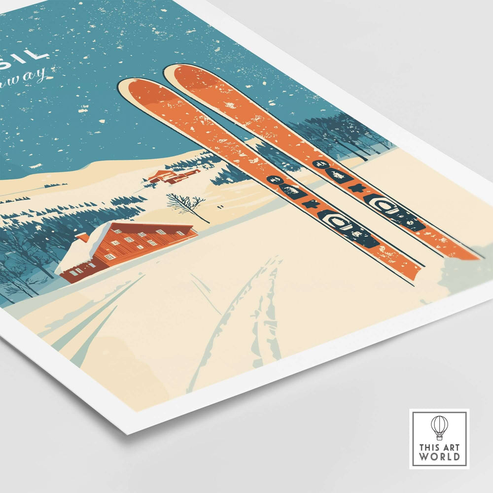 Trysil Ski Wall Art Print featuring vibrant skis and a snow-covered landscape, perfect for ski enthusiasts.