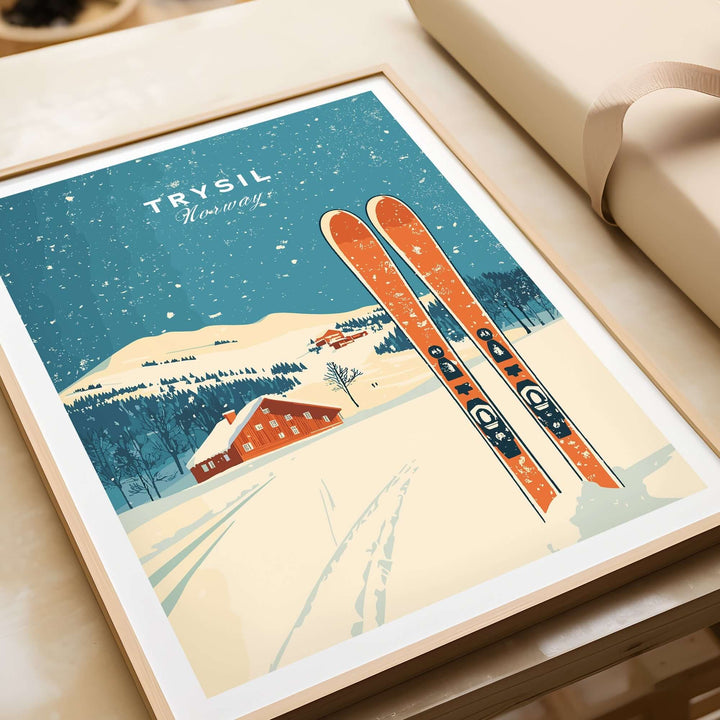 Trysil ski wall art print showcasing skis and snowy landscape of Norway, perfect for ski enthusiasts.