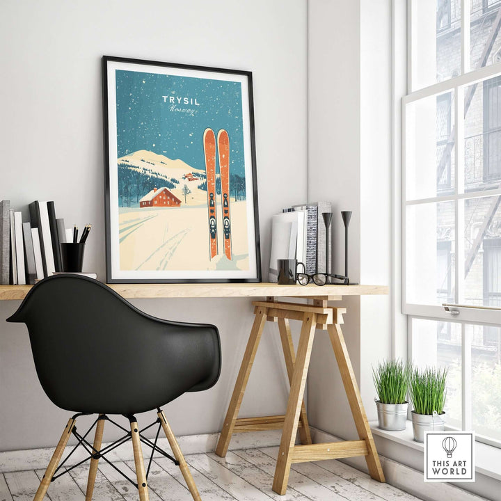 Trysil Ski Wall Art Print in a stylish interior, featuring skiing imagery and a modern desk setup. Perfect for ski enthusiasts.