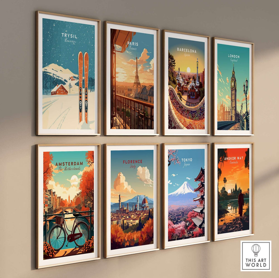 A collection of travel-themed wall art prints featuring Trysil, Paris, Barcelona, London, Amsterdam, Florence, Tokyo, and Angkor Wat.