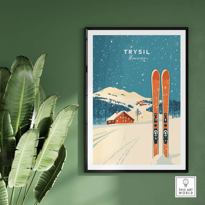 Trysil Ski Wall Art Print featuring skis and a snowy landscape, perfect for ski enthusiasts and home décor lovers.