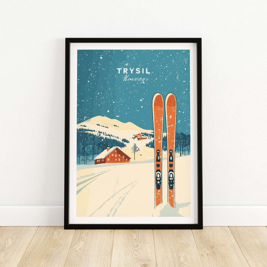 Trysil Ski Wall Art Print featuring skis and snowy landscape in Norway, perfect for ski enthusiasts and home decor.