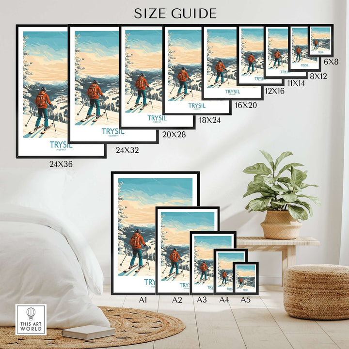 Size guide for Trysil Ski Wall Art poster showcasing various frame sizes and a skier on snowy slopes.