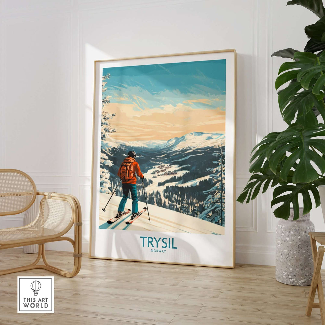 Trysil Ski Wall Art poster in a stylish room, showcasing a skier on a snowy landscape, perfect for ski enthusiasts.