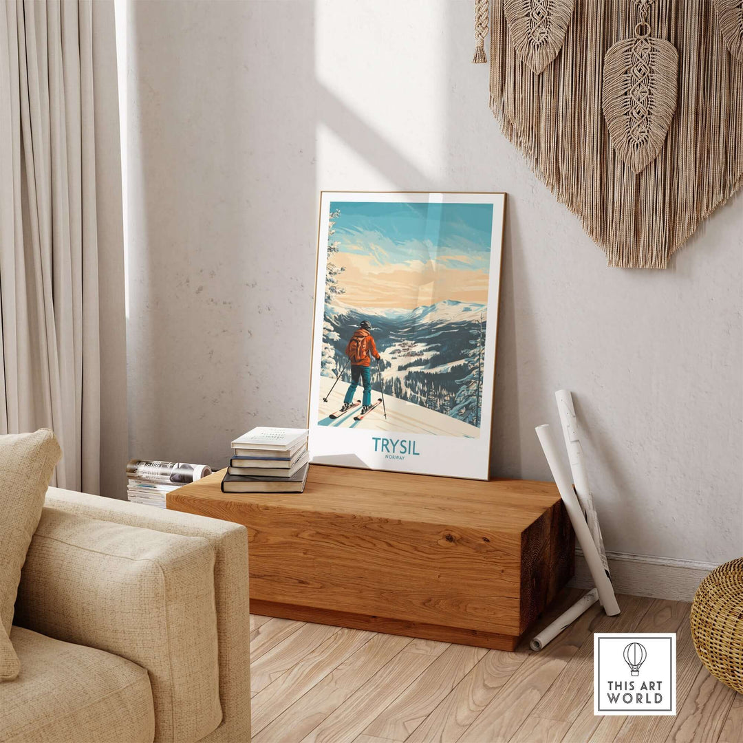 Trysil Ski Wall Art poster displayed in a cozy room, enhancing the decor with a snowy mountain landscape theme.