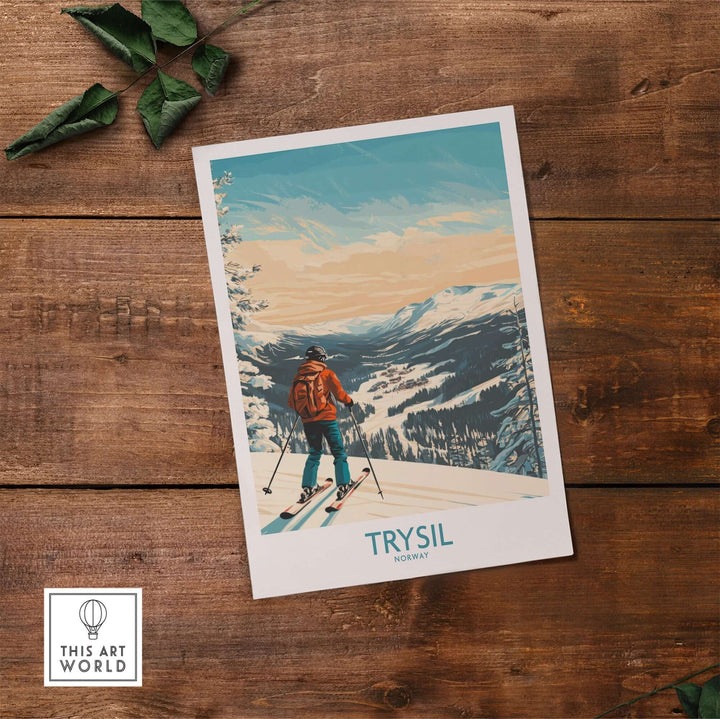 Trysil ski wall art poster featuring a skier on a snowy slope with vibrant mountain scenery, perfect for outdoor enthusiasts.