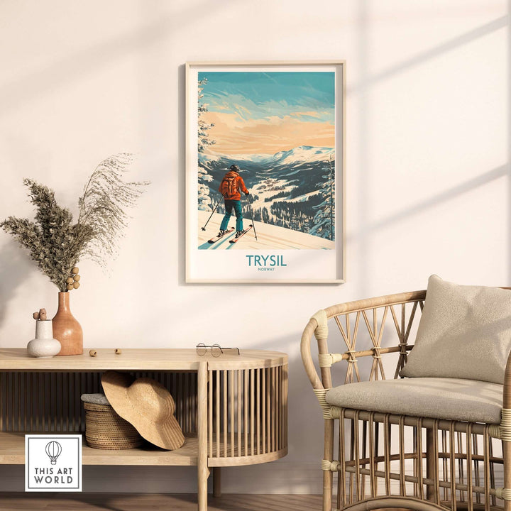 Trysil Ski Wall Art poster displayed in a modern room with natural decor, perfect for ski enthusiasts.