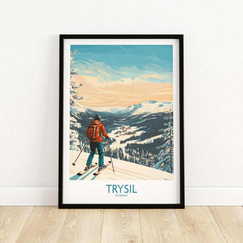 Trysil Ski Wall Art Ski Poster featuring a skier overlooking a snowy landscape in Norway. Perfect for ski enthusiasts.