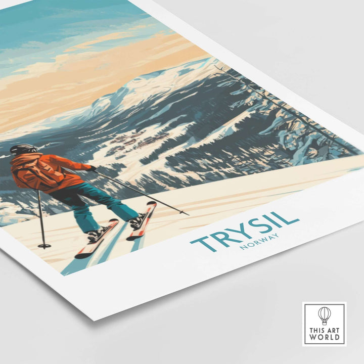 Trysil Ski Wall Art poster featuring a skier in snowy mountains, perfect for adventure and outdoor decor enthusiasts.