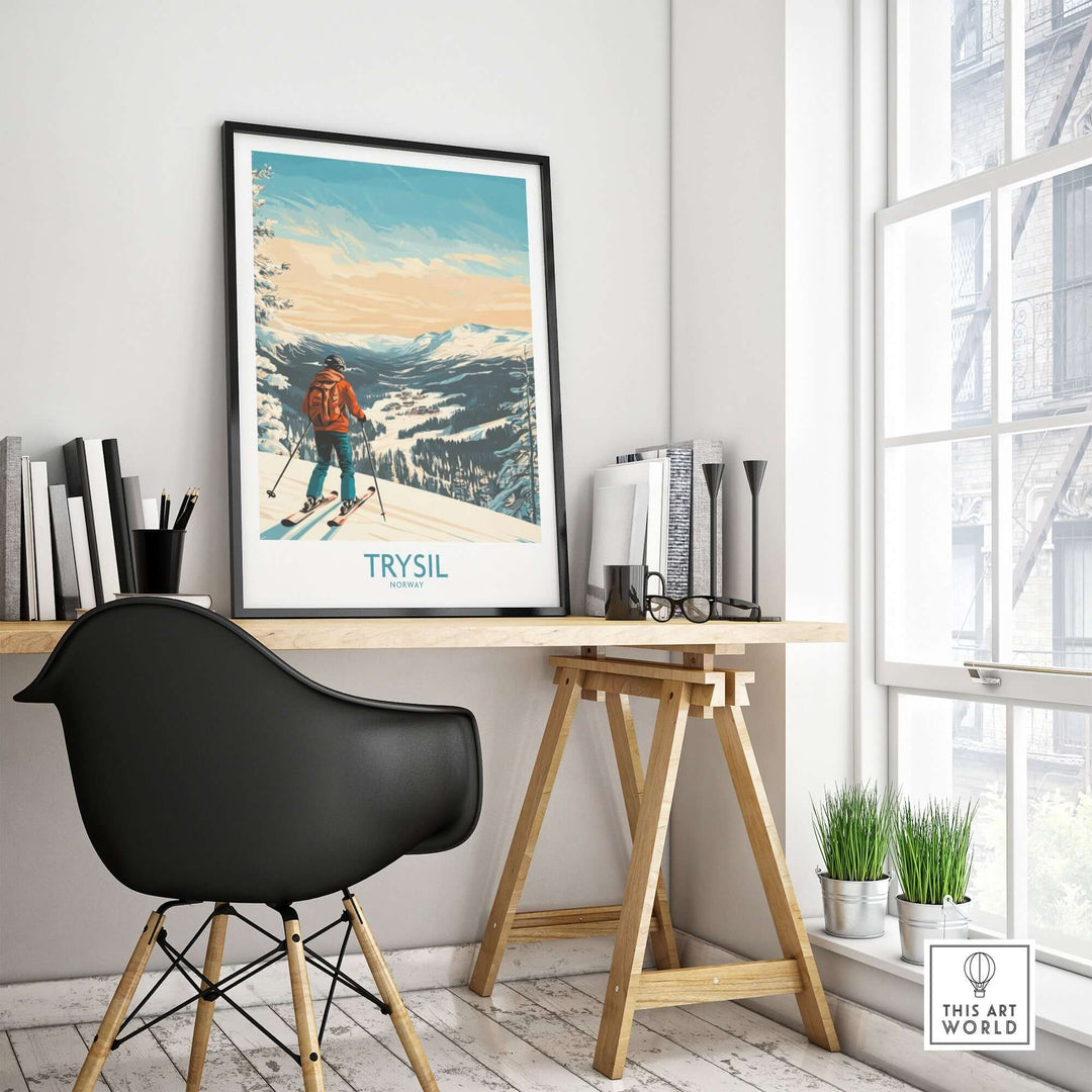 Trysil Ski Wall Art poster displayed in a modern workspace with a chair, desk, and window view.